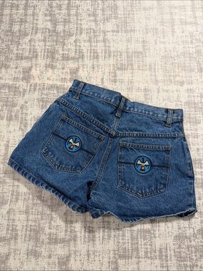 R2 Blue Denim High-Waist Embroidered Pocket Shorts